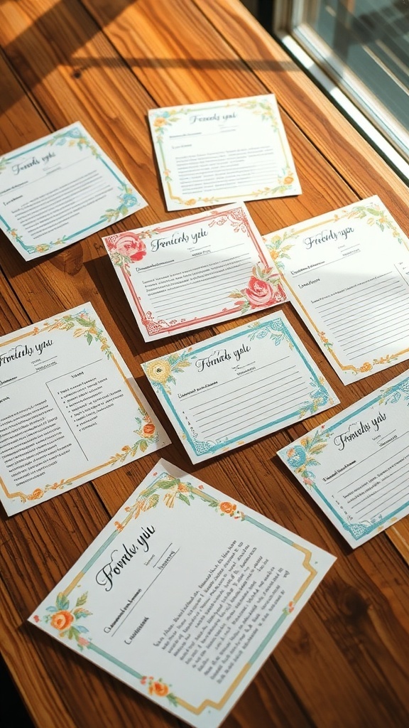 Aesthetic Recipe Cards for Home Cooking Aesthetic recipe cards with colorful designs and illustrations on a wooden table.